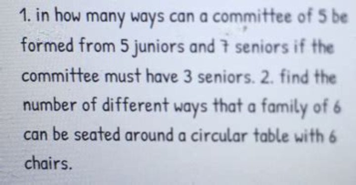 In How many ways can a committee of 5 be formed from 5 juniors and 7 seniors If the committee must have 3 seniors? 